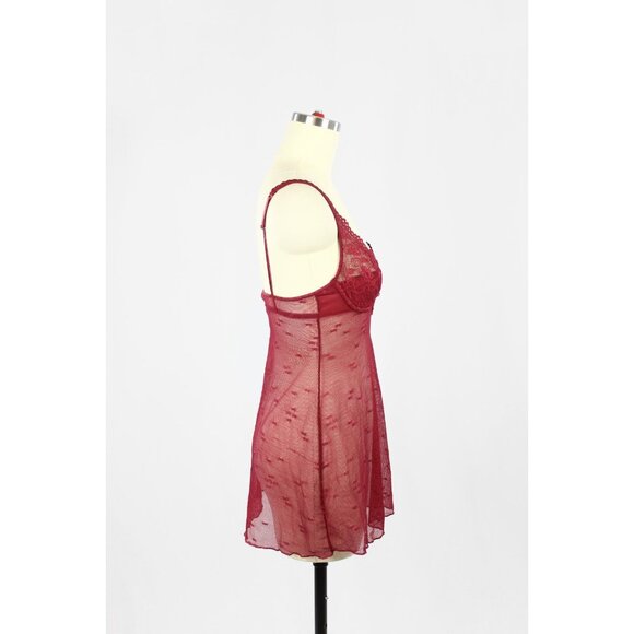 Vintage SILK & SATIN Maroon Red Mesh Lace Babydoll Negligee Slip Dress, Size S - Picture 2 of 13